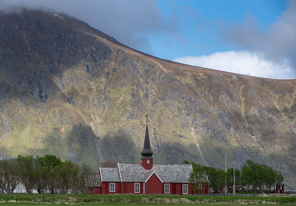lofoten red and gray house under green mountain at daytime nature