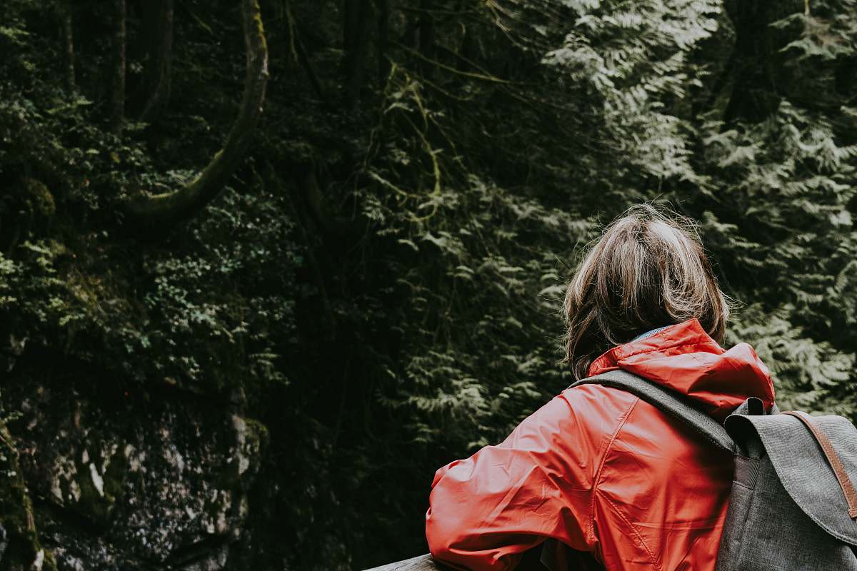 people girl leaning on rail facing the forest human