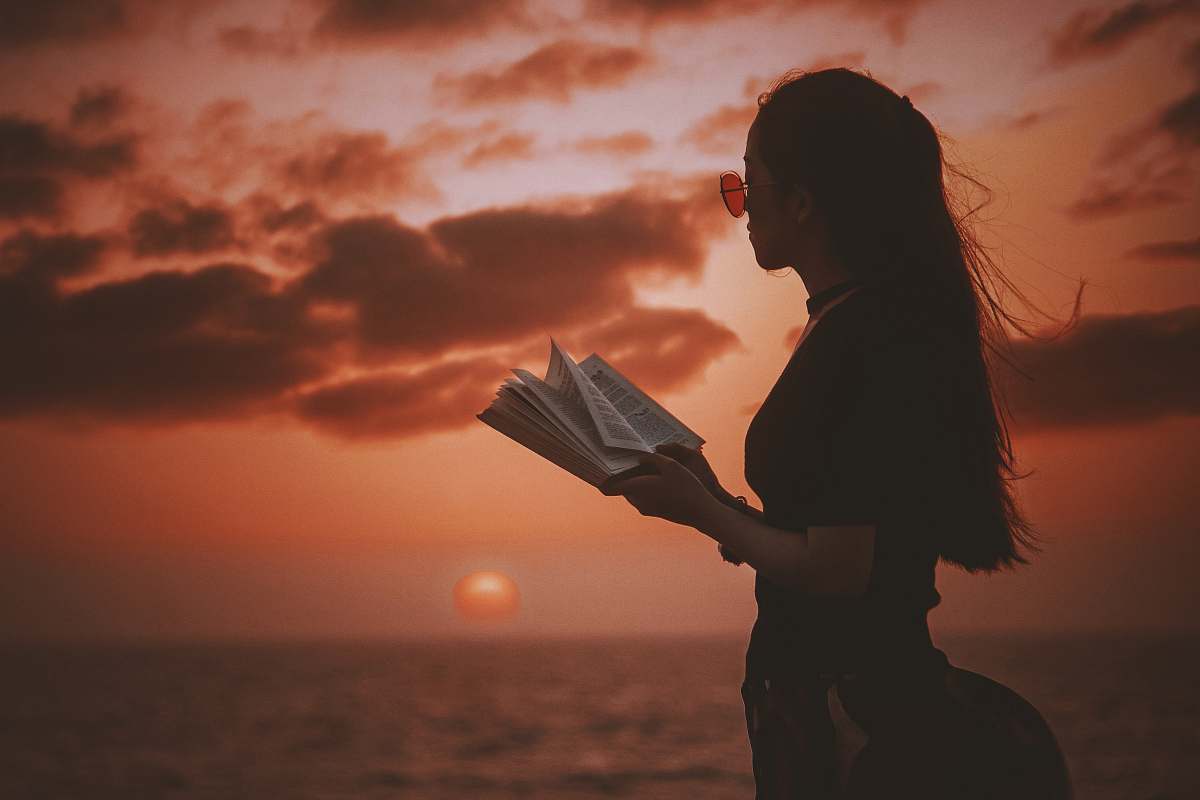 people woman holding book while looking at body of water during golden hour book