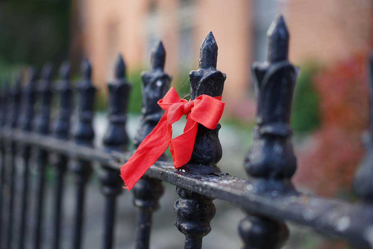 banister black metal fence with red ribbon handrail