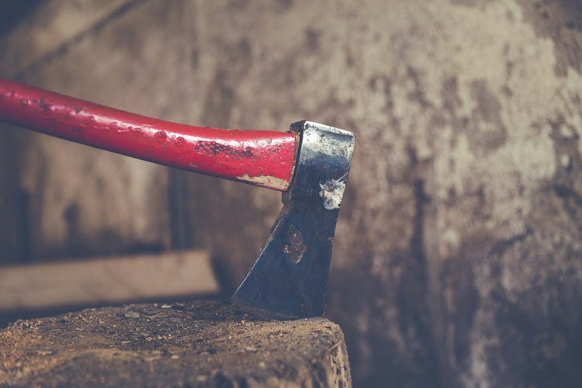tool red and black axe on wood slab hatchet