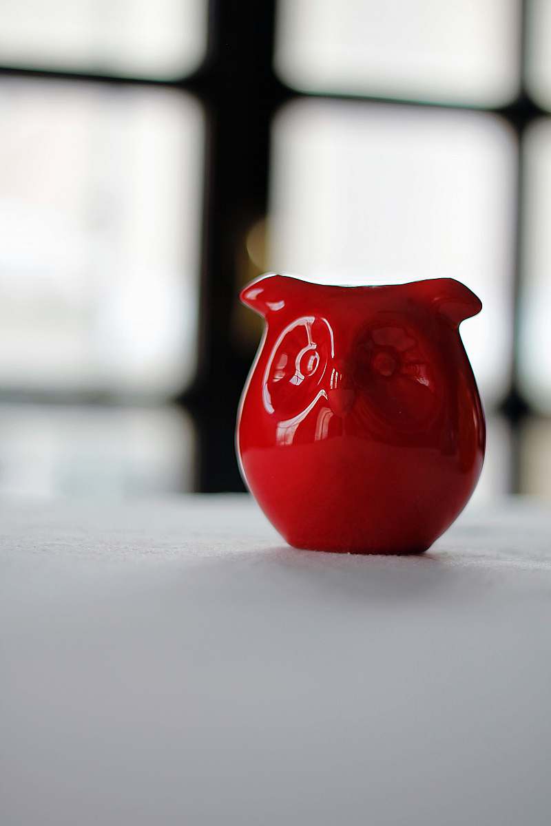 jug red owl figurine on white surface white tablecloth