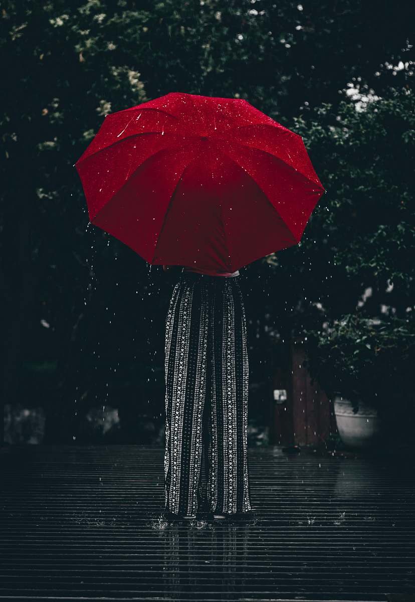 umbrella woman holding red umbrella standing near tree at daytime canopy