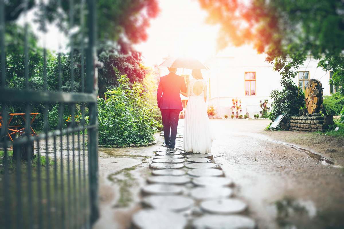wedding bride and groom walking on pathway path