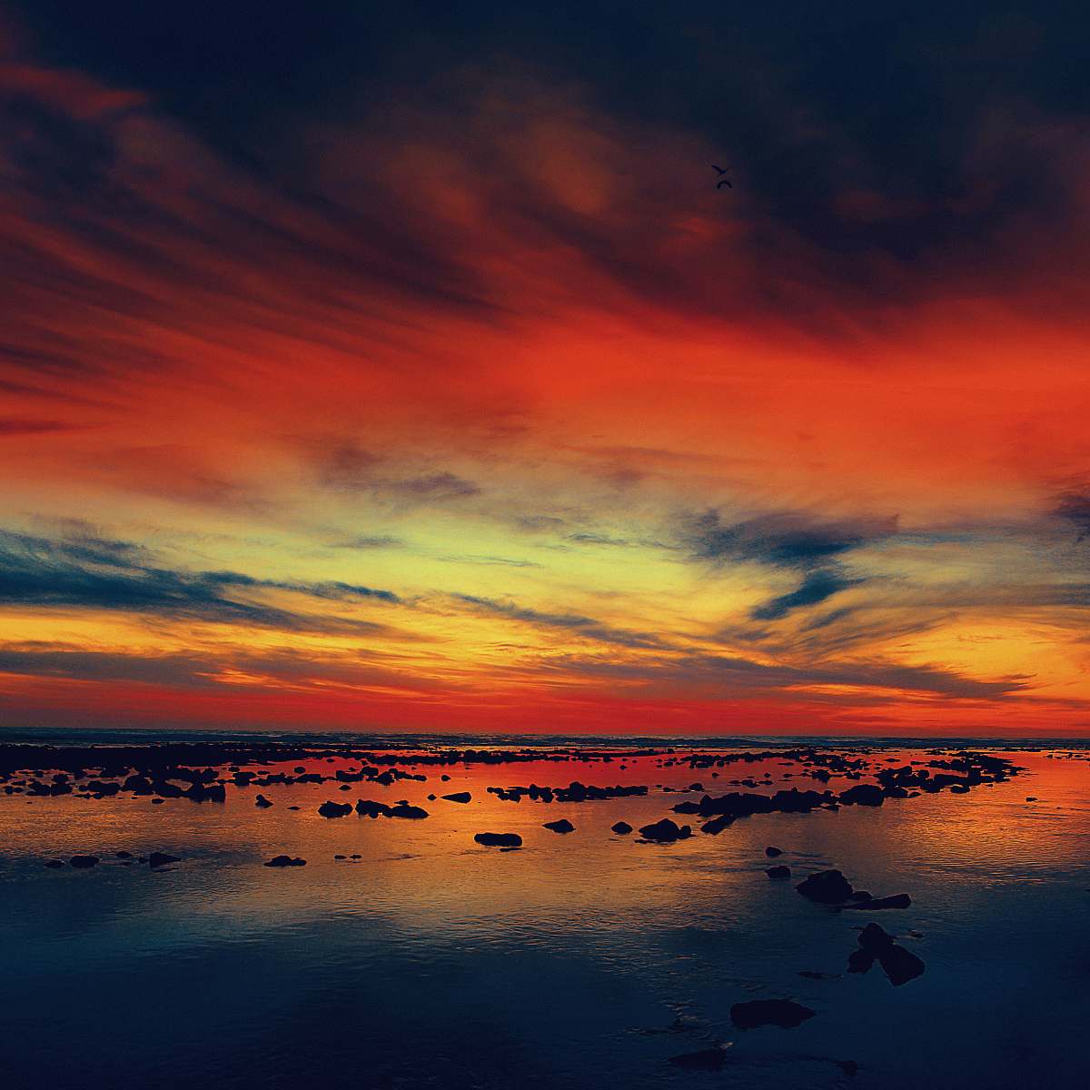 sunset silhouette of rocks on body of water under red and blue clouds dusk