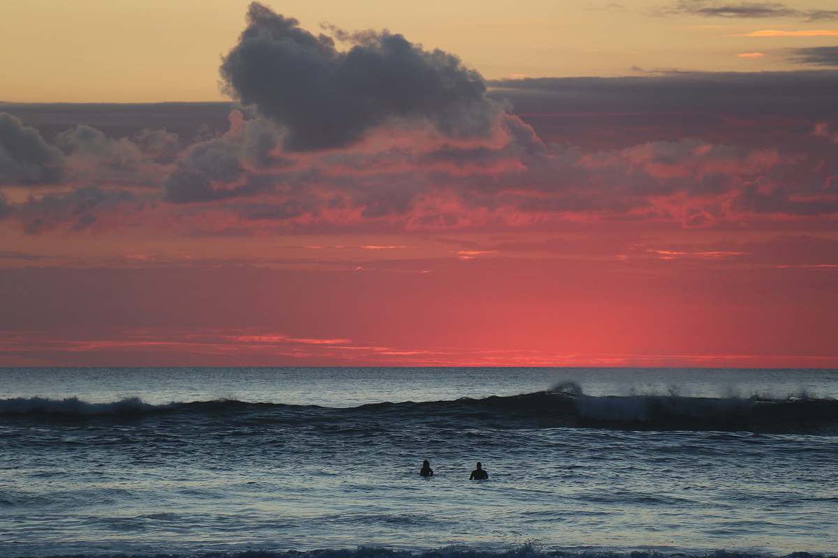 nature panorama photography of two person swimming during golden hour ocean
