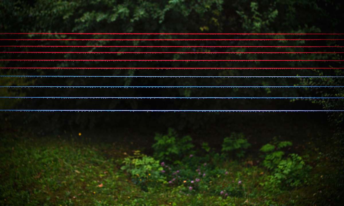 wire red and blue clothes lines park bench