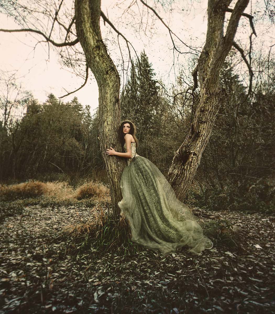 person sepia photography of woman wearing princess dress hugging truck human