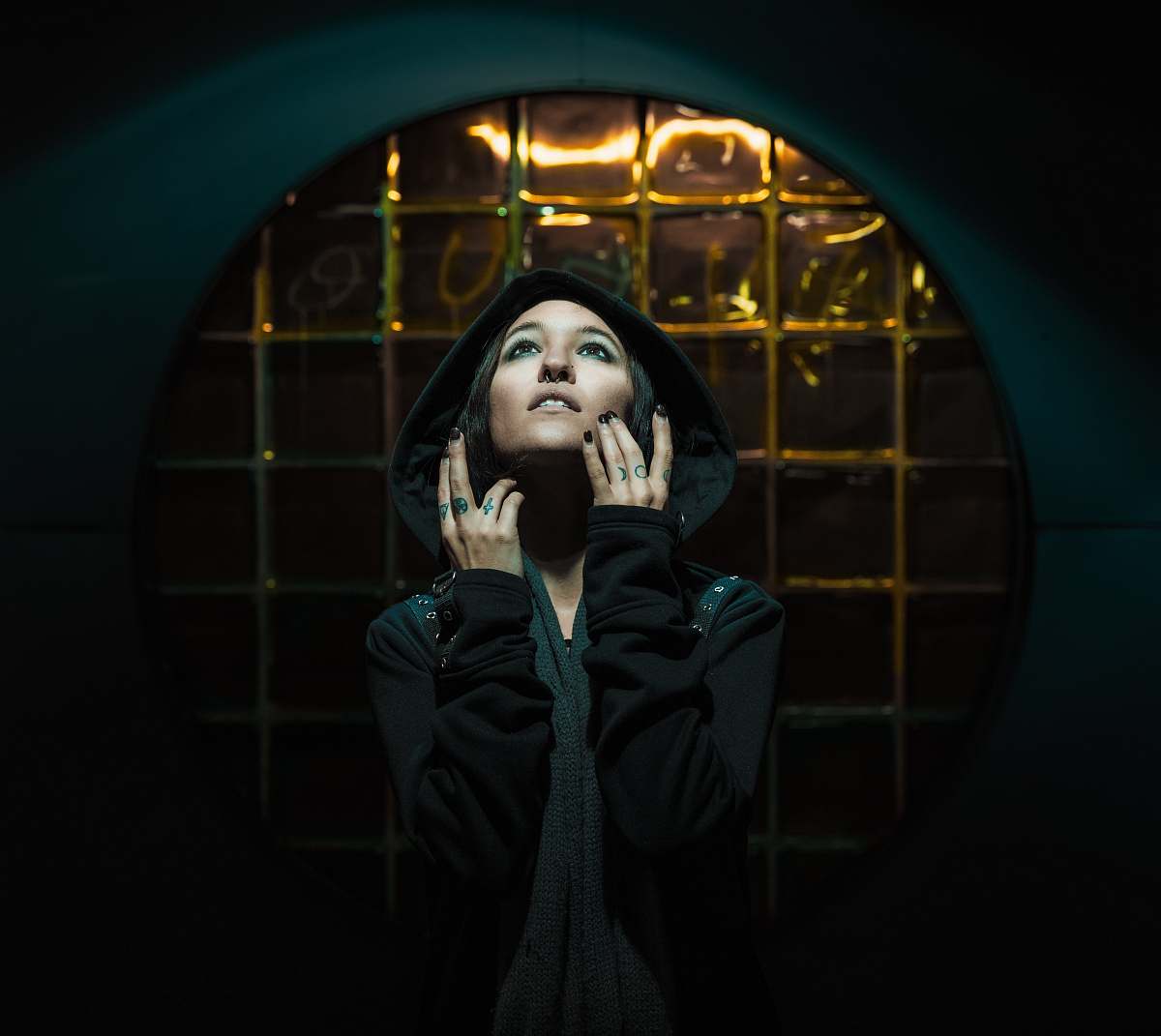 person woman looking up and rising her hands human