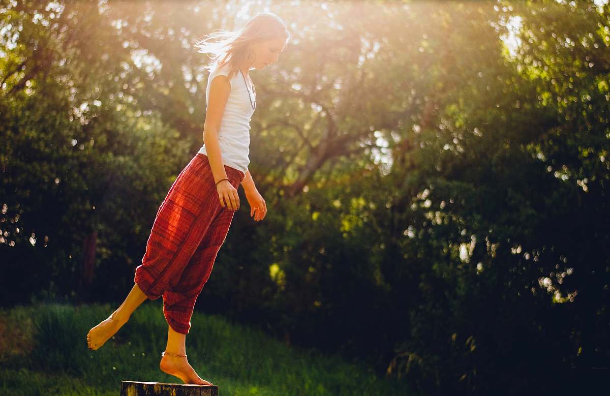 person woman standing on wood log human