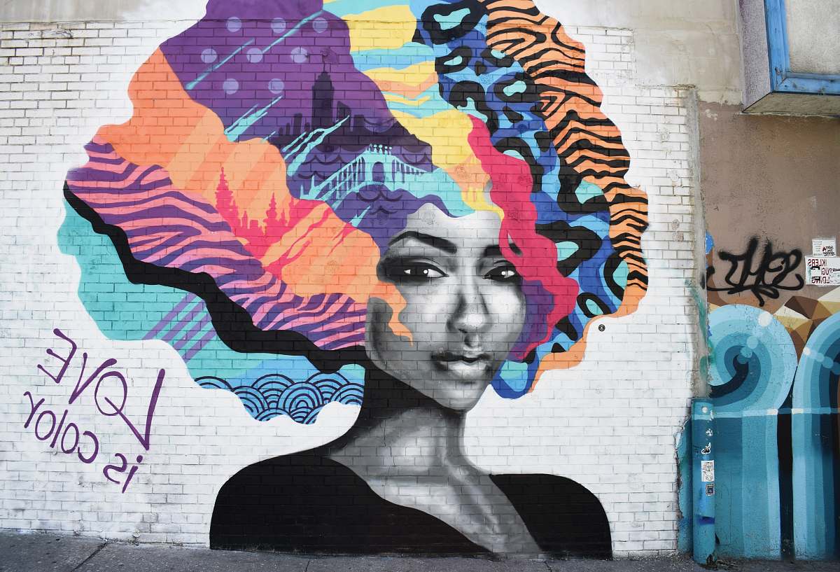 people brown, blue and purple hair woman graffiti human