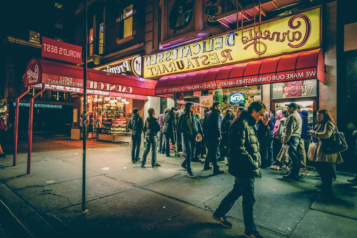 people people in front of Carnegic Delicatessen Restaurant human