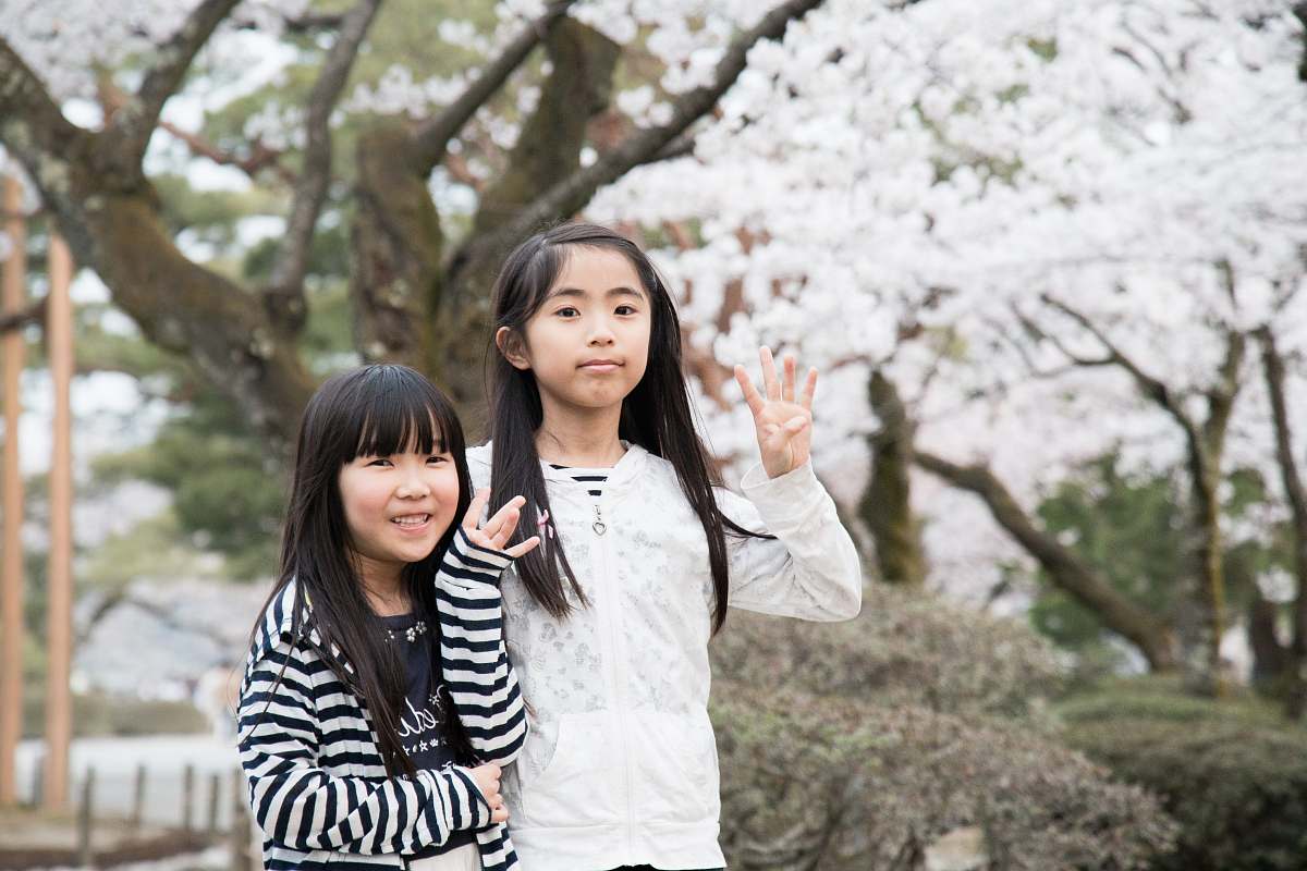 people two girls standing behind brown tree with white leaves human