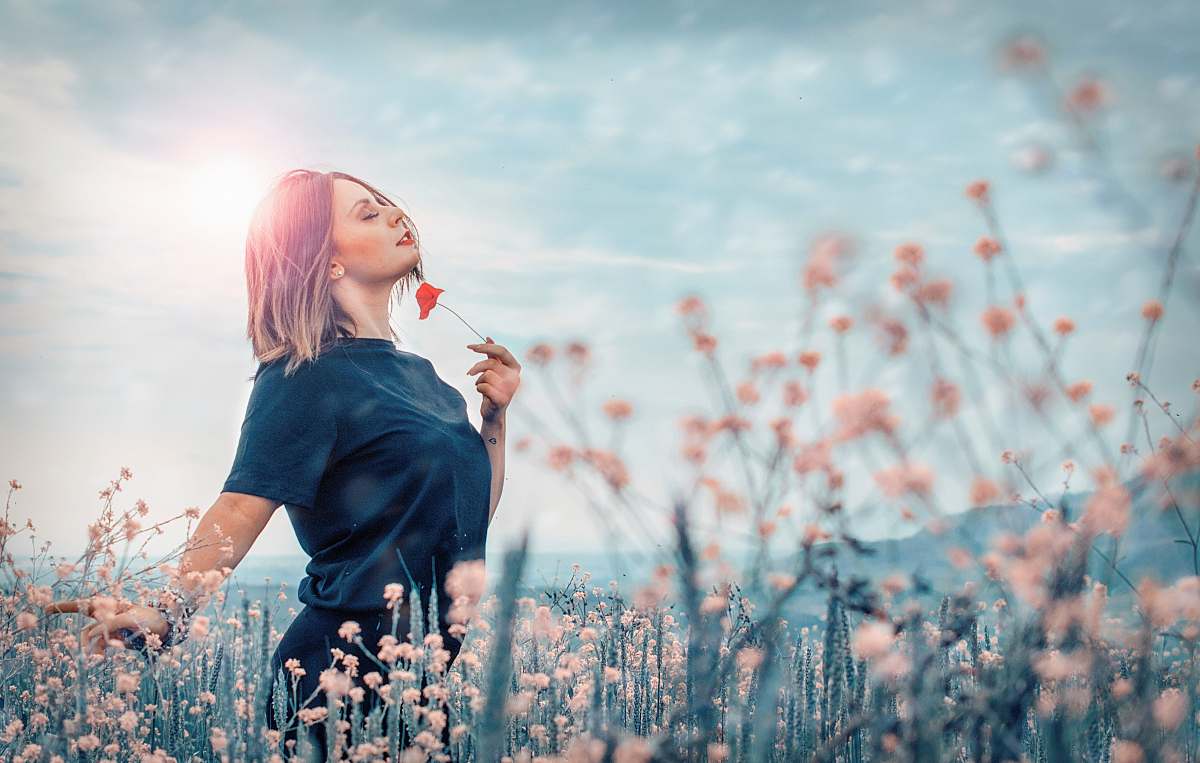 people woman holding red flower woman