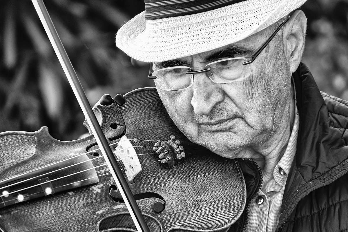 human grayscale photography of man playing violin person