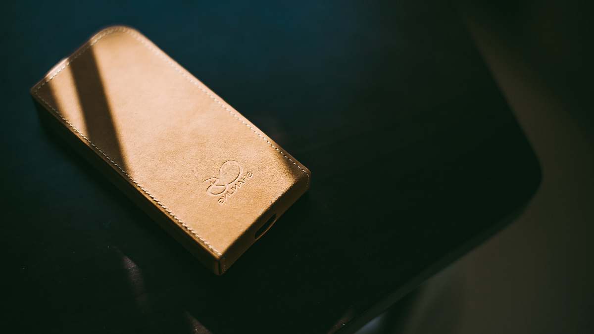 music gold leather wallet on tabletop speaker