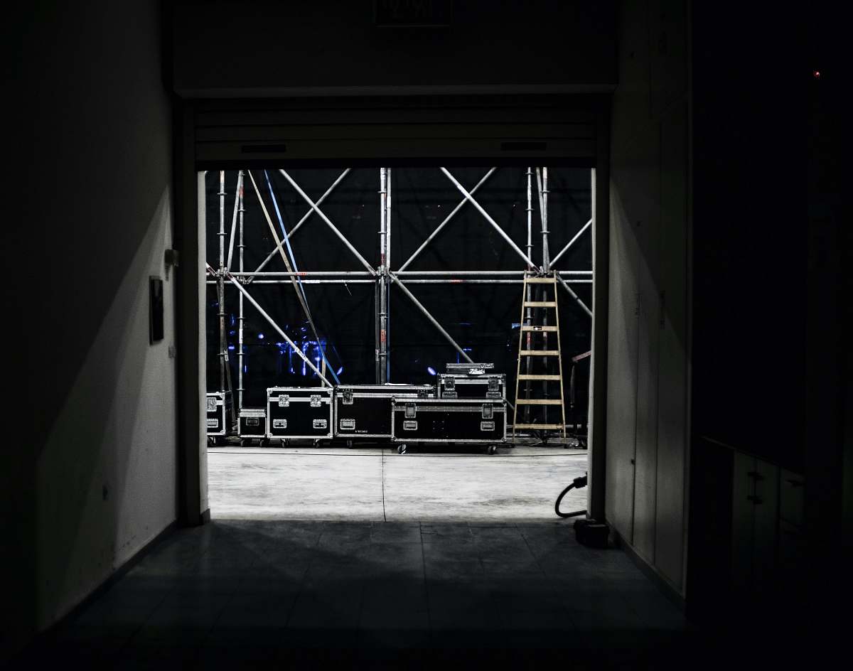 gear gray roll up door opened stage