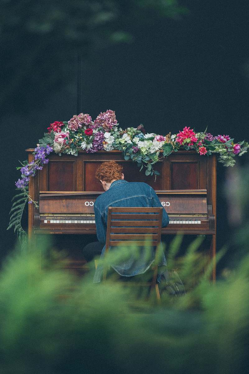 jar man playing upright piano plant
