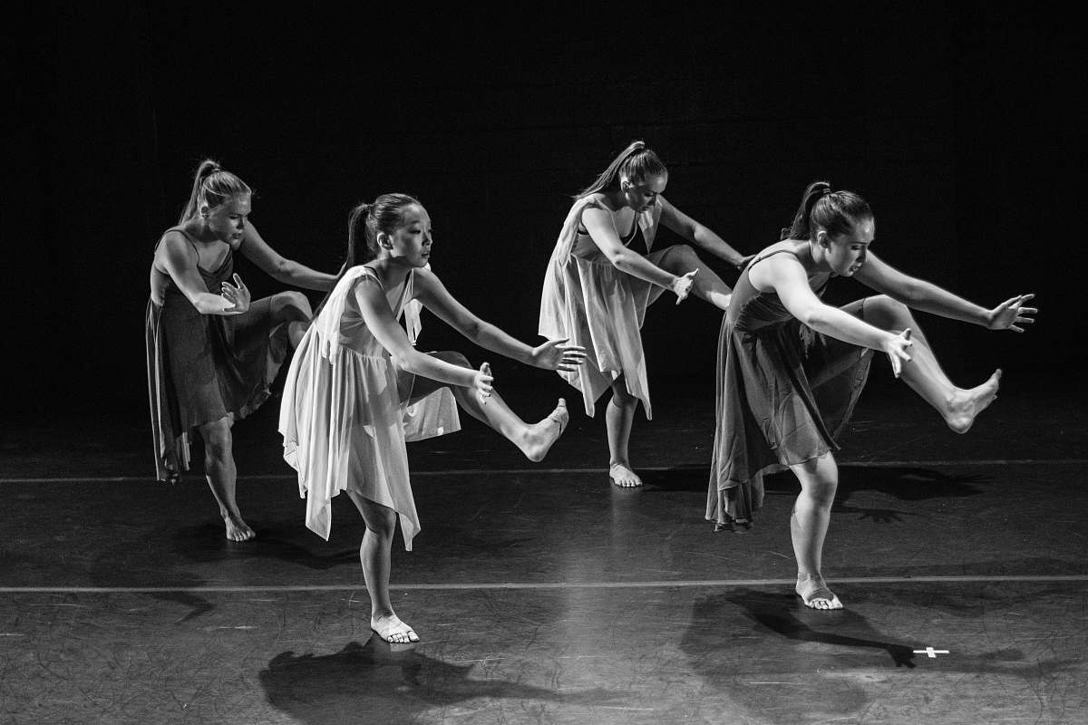 black-and-white four women dancing grayscale photography dance