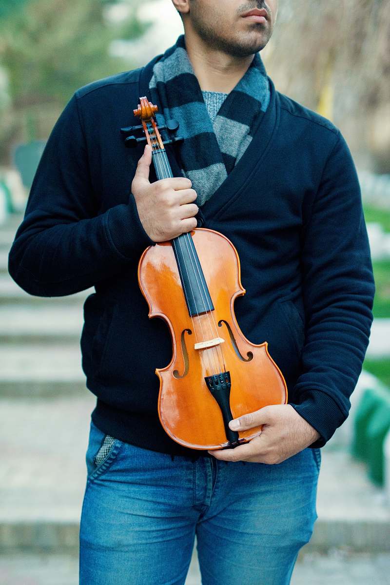 person man holding brown violin violin