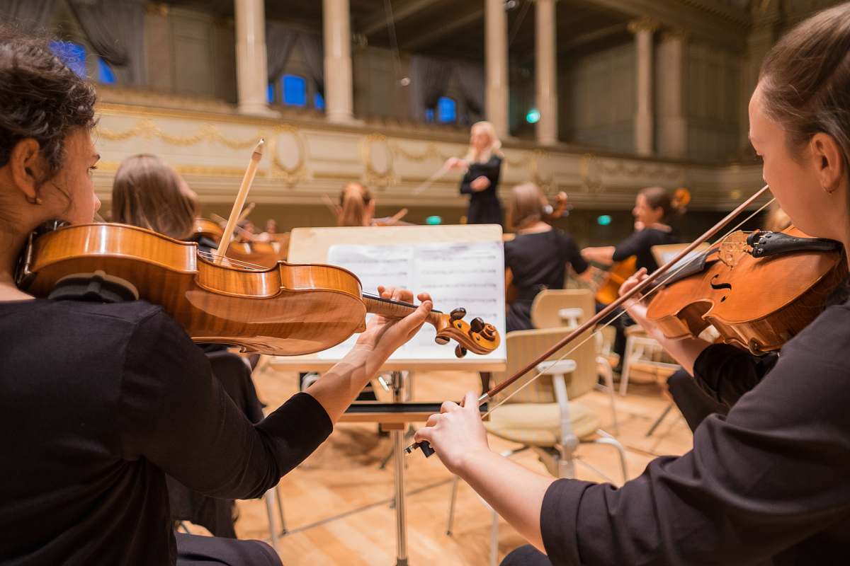 people orchestra playing their piece music