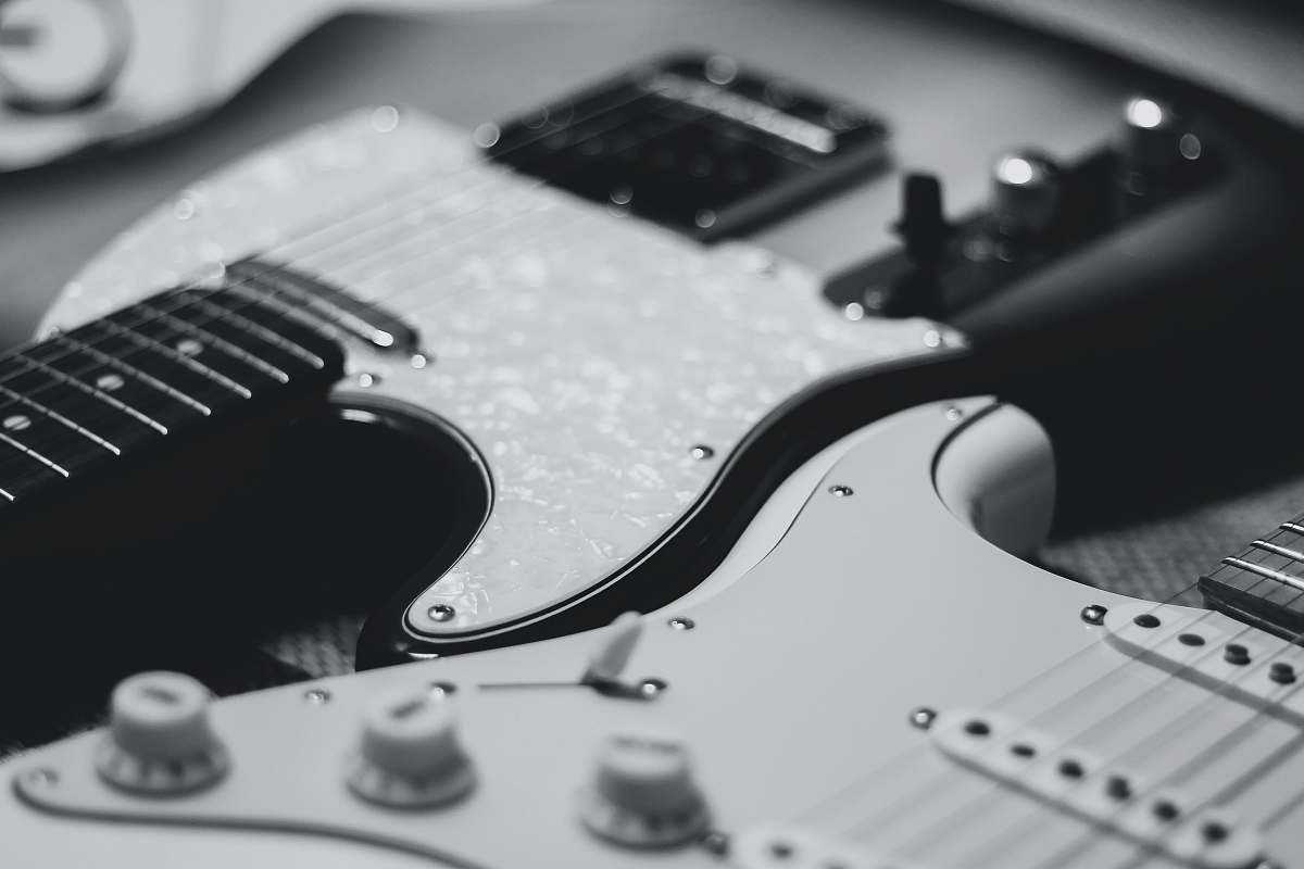 Guitar Black And White Photo Of Two Stratocaster Electric Guitars Black