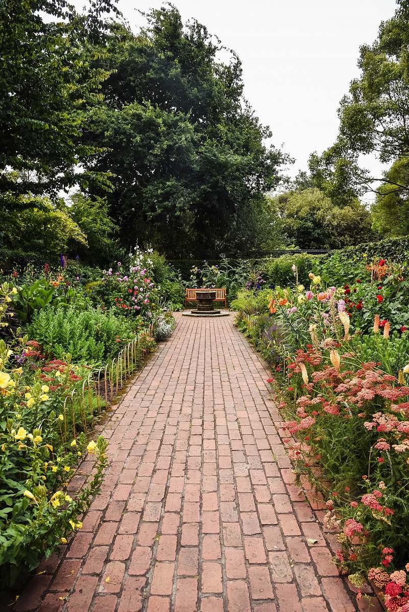 garden brown brick pathway between green plants during daytime flagstone