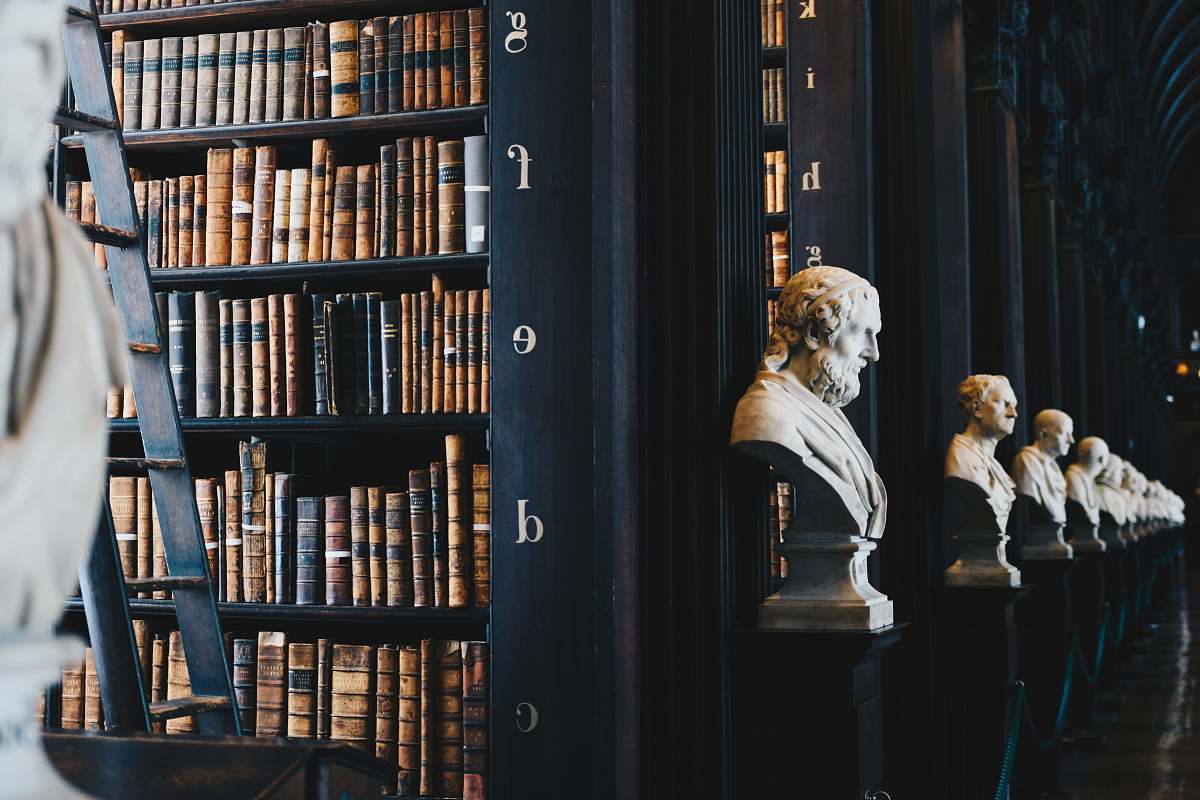 human book lot on black wooden shelf person