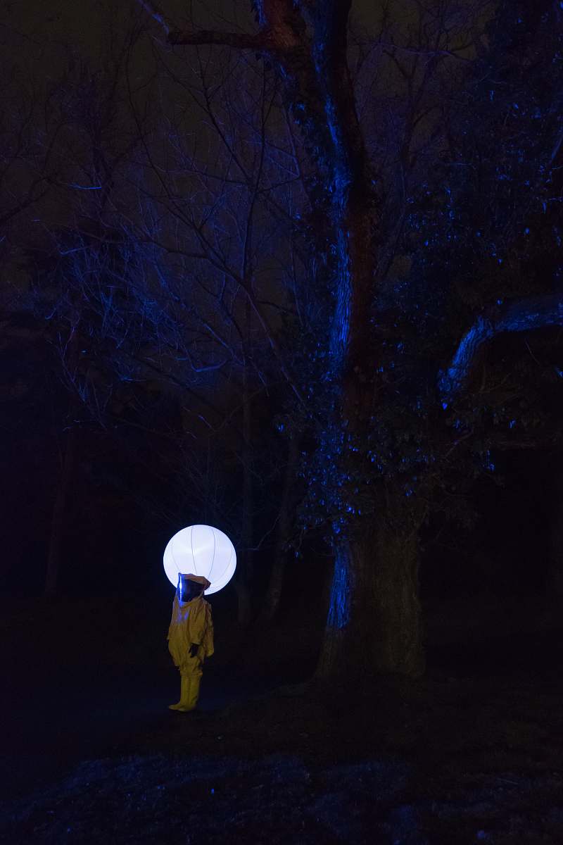 blue person in white outfit standing under leafless tree at nighttime night