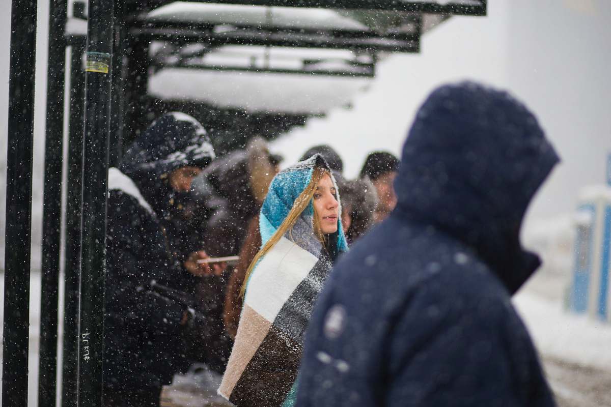 istanbul people waiting on shed during snowy season snow