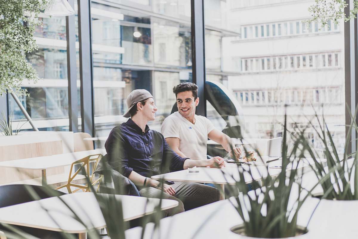 person two men sitting on chair in front of table plant