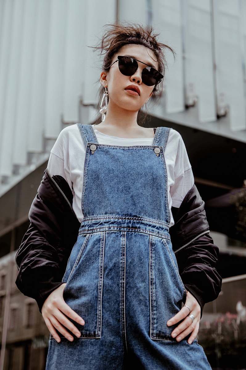 person woman wearing blue denim dungarees human