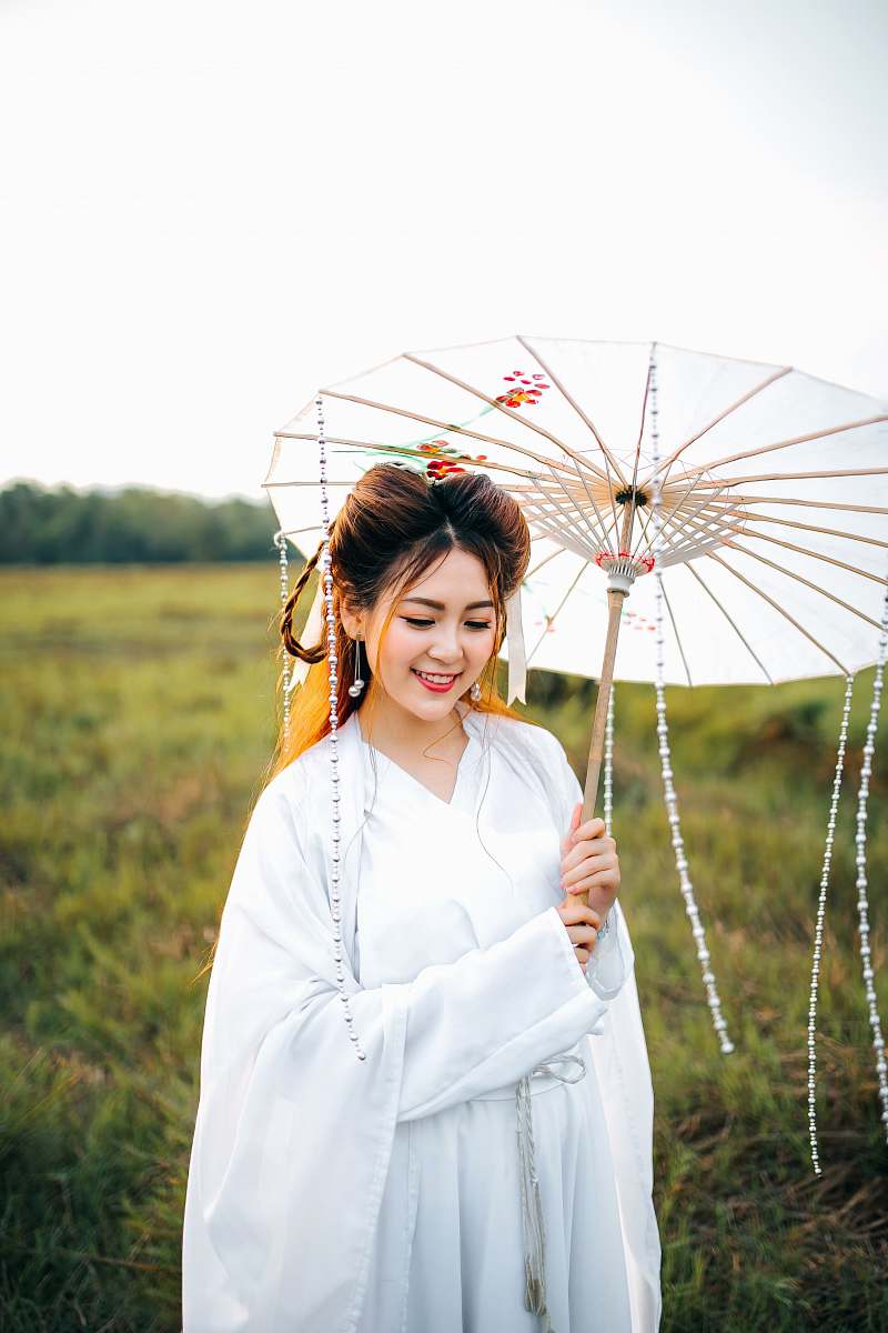 person woman wearing white kimono dress and holding white umbrella human