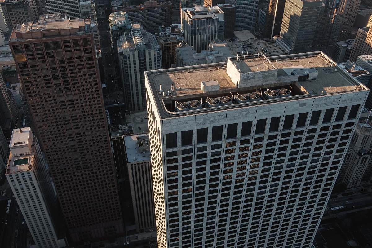 city aerial view of buildings office building
