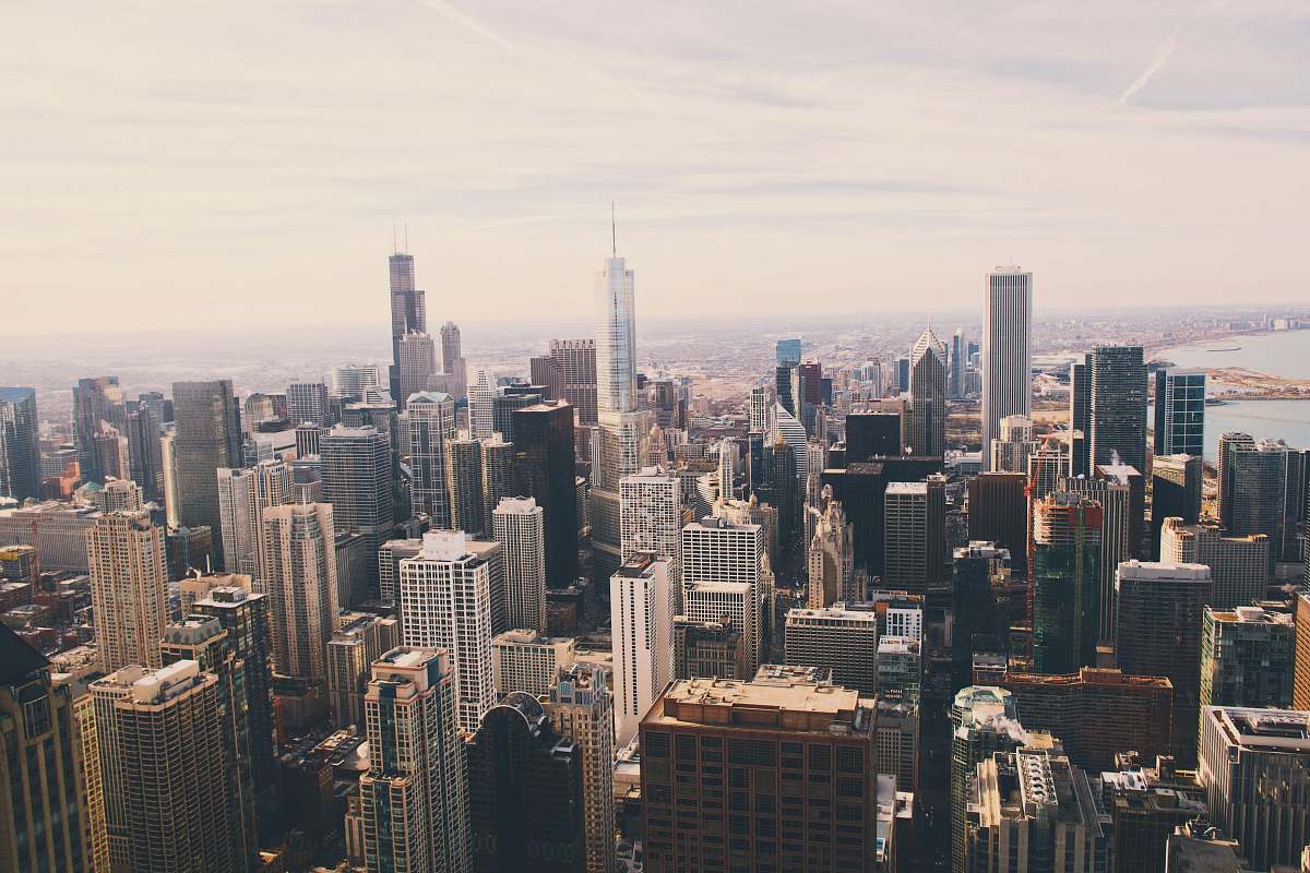 city aerial view of city with skyscrapers downtown