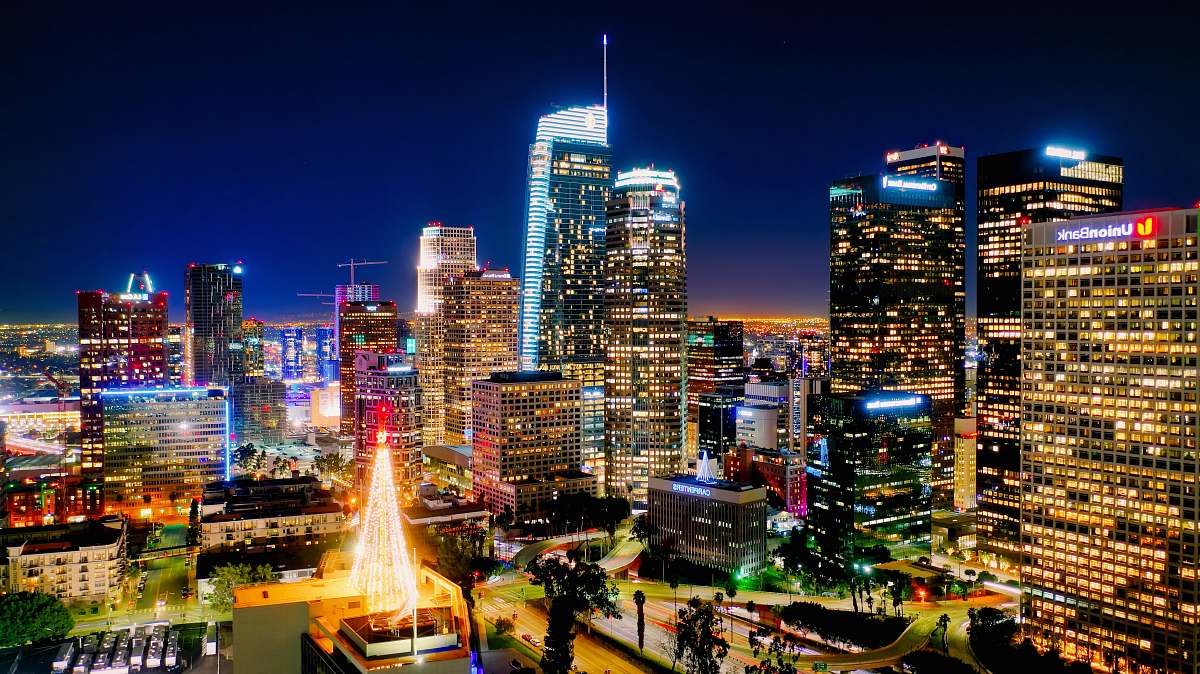 city architectural photography of lighted city buildings downtown