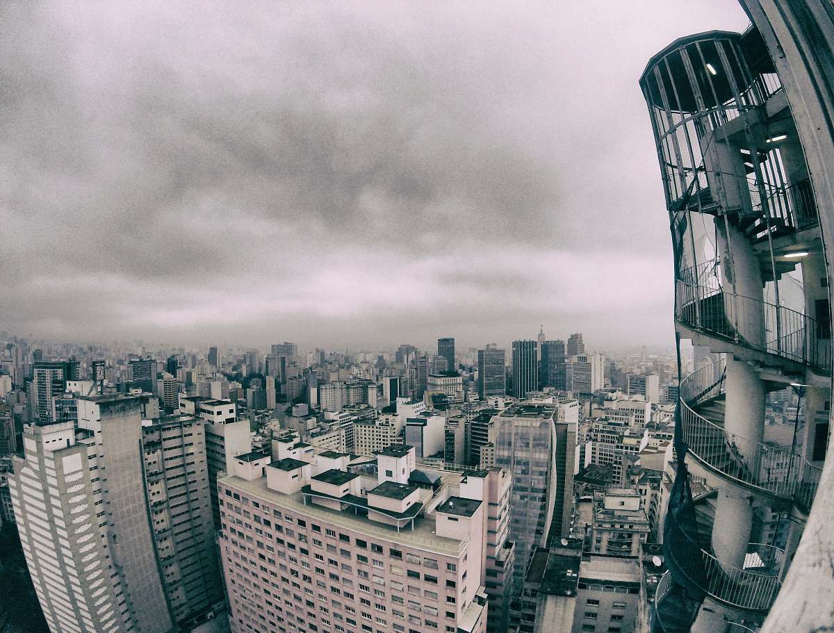 city birds eye view of skyscraper grey