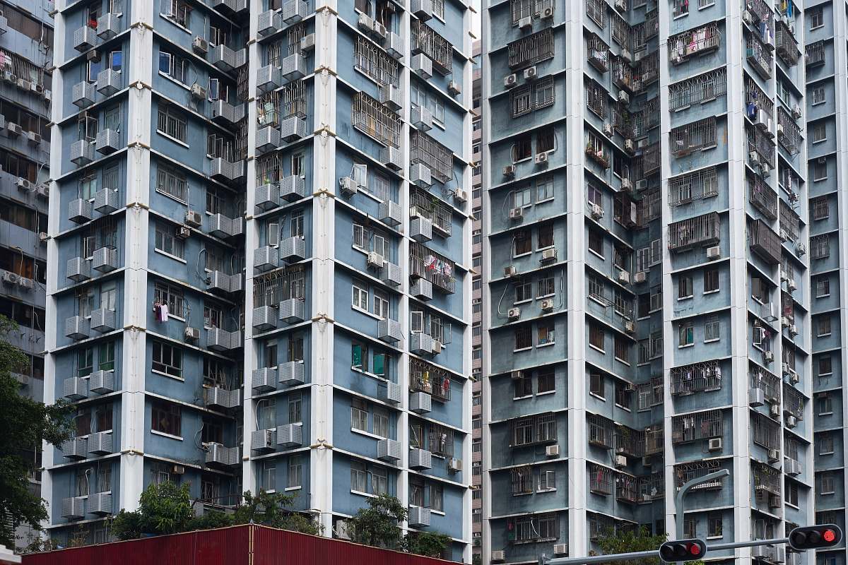 urban blue and white painted building high rise