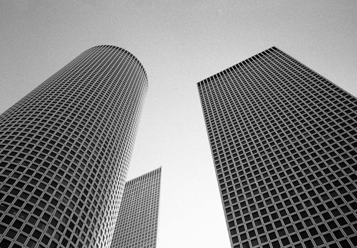 city bottom view of curtain wall buildings black-and-white