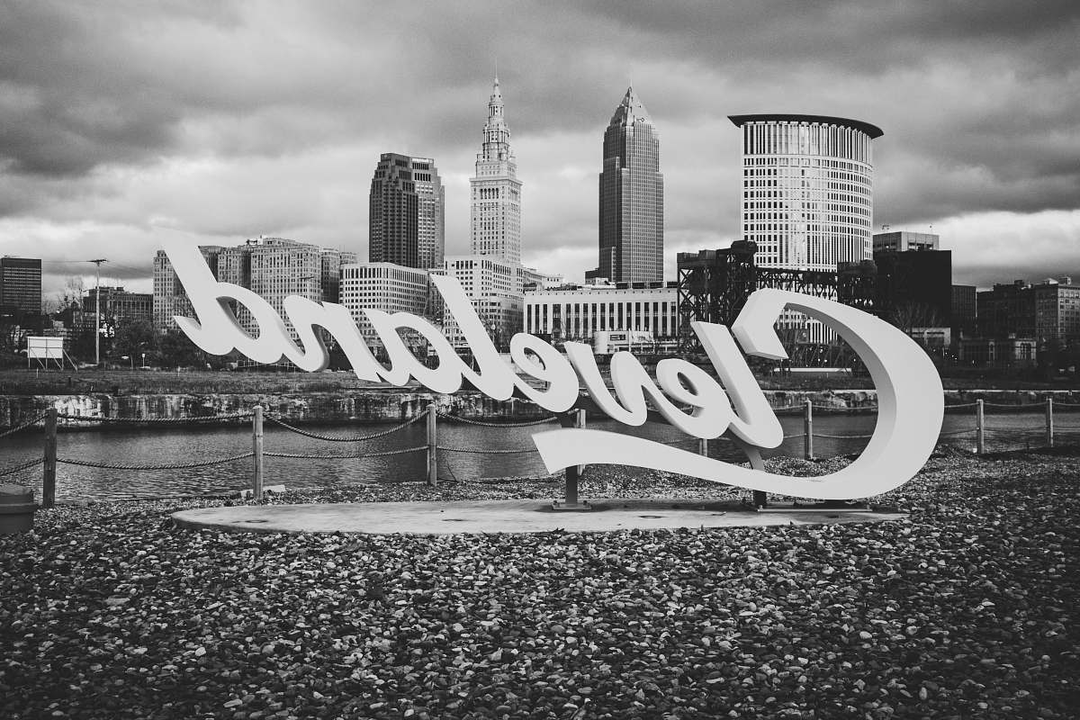 city Cleveland signage black-and-white