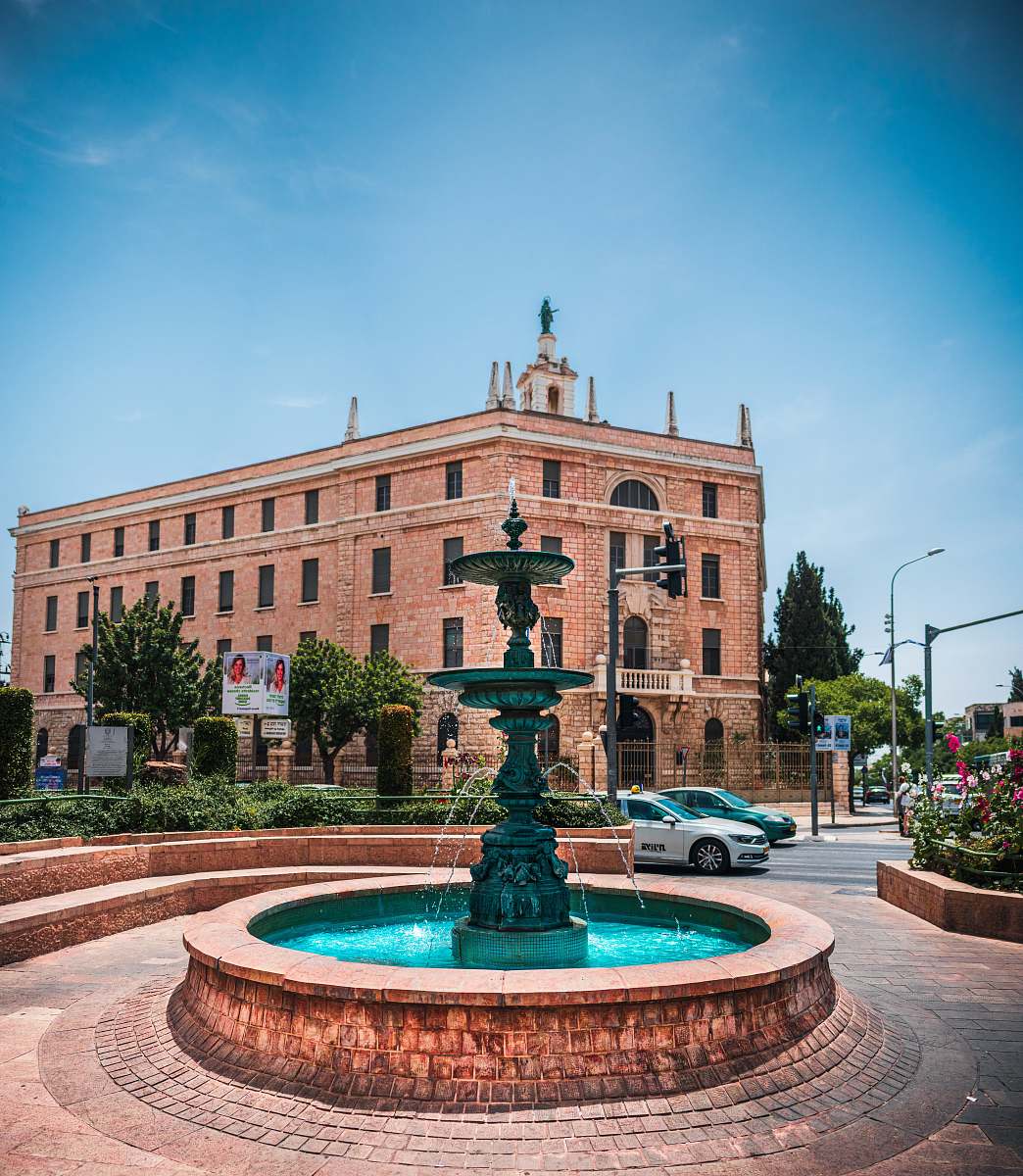 city fountain near building water