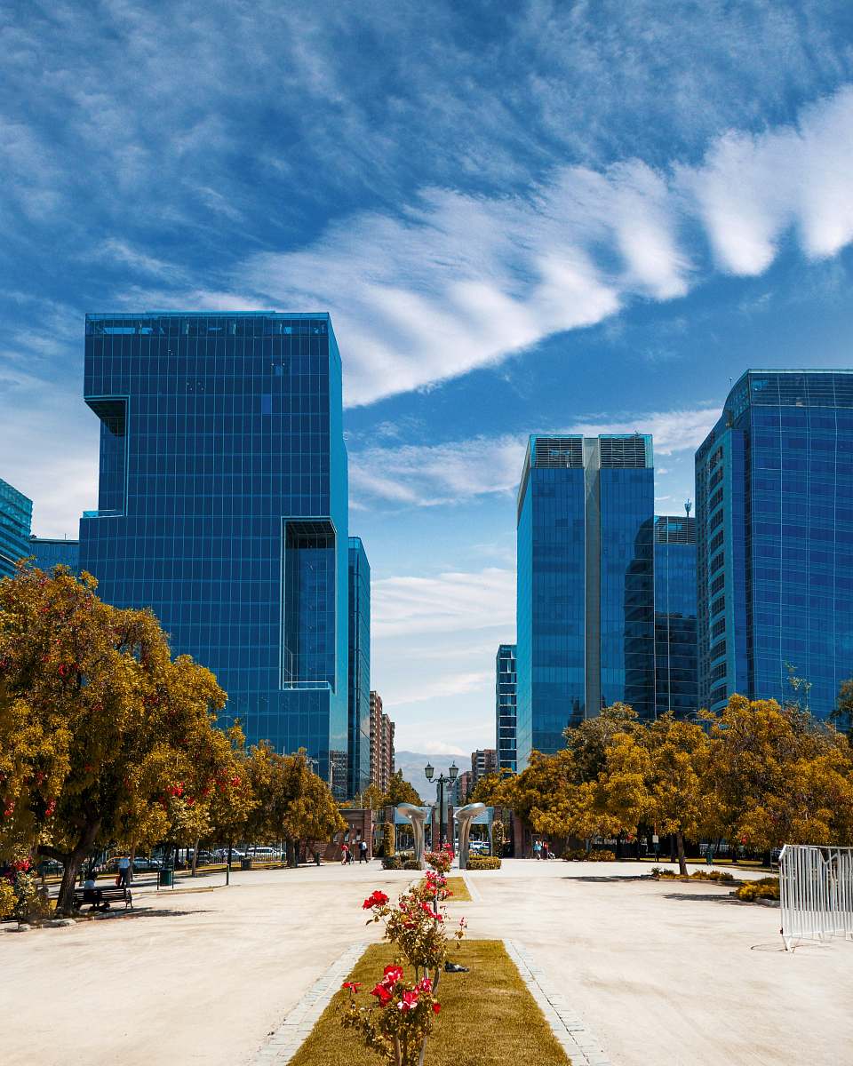 city green trees in front curtain wall buildings during daytime downtown