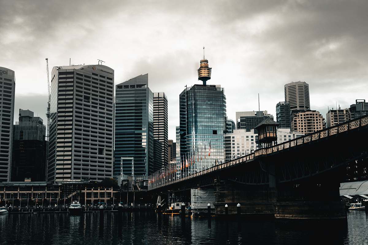 city high rise buildings near bridge urban