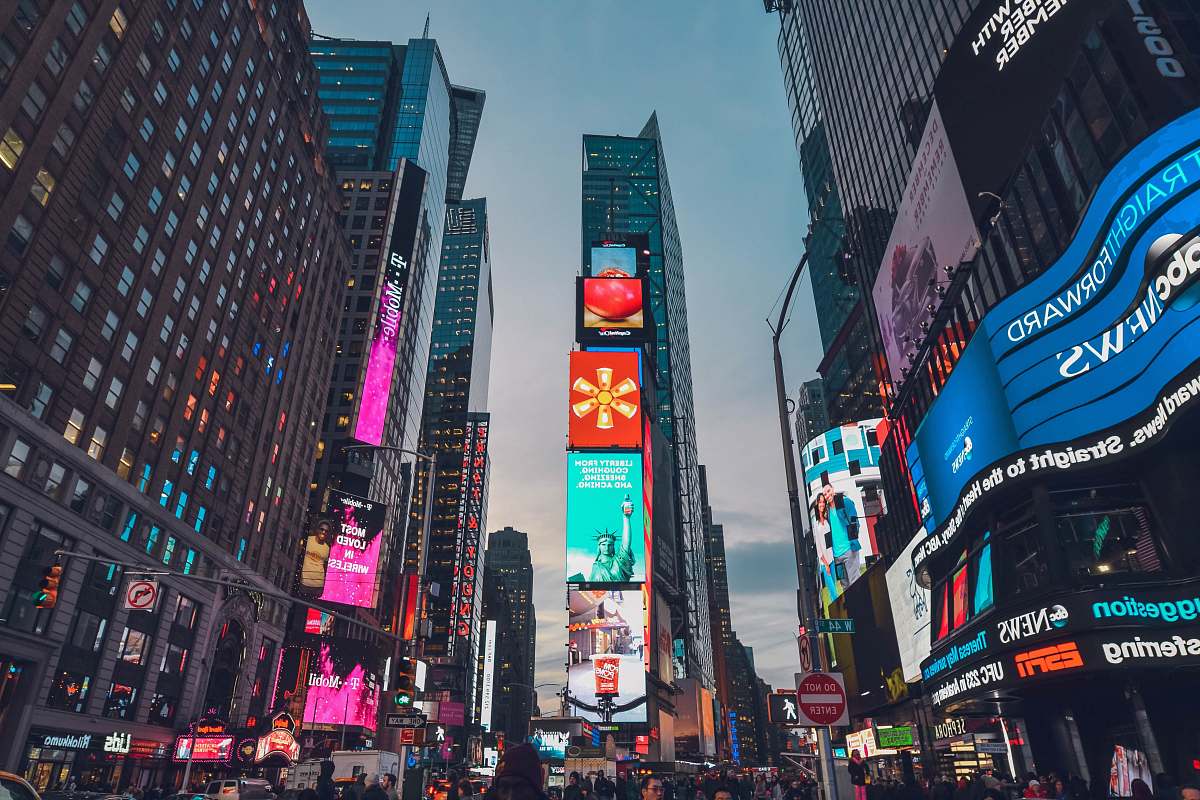 city low angle photo of New York Town square during golden hour downtown
