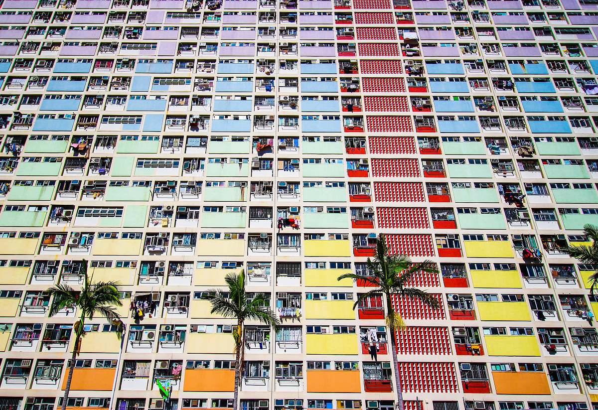city multicolored buildings high rise