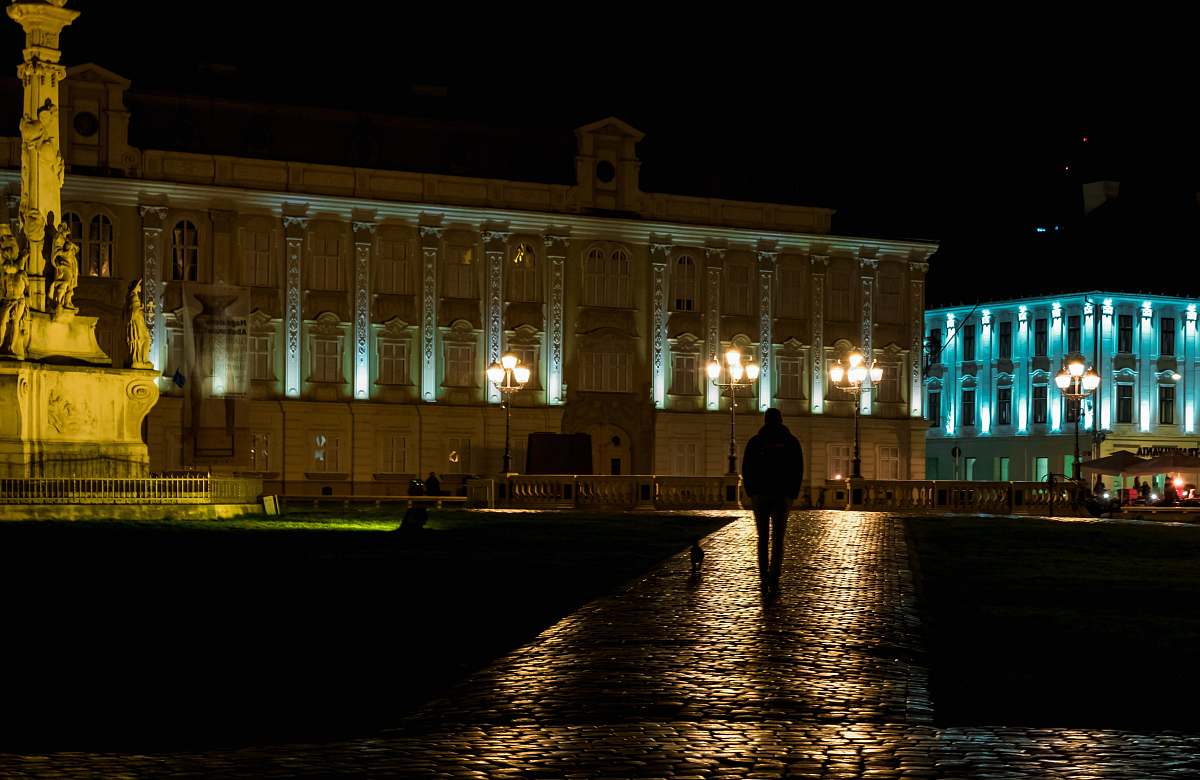 city silhouette photo of man standing infront of white structure downtown