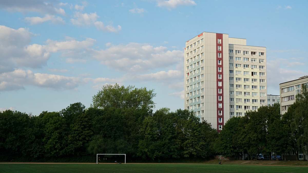 city soccer field near white building at daytime urban