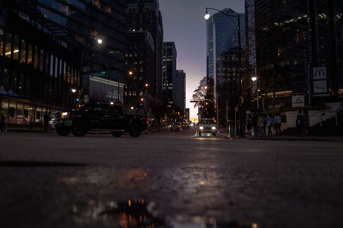 city worms eye view of road and vehicles road