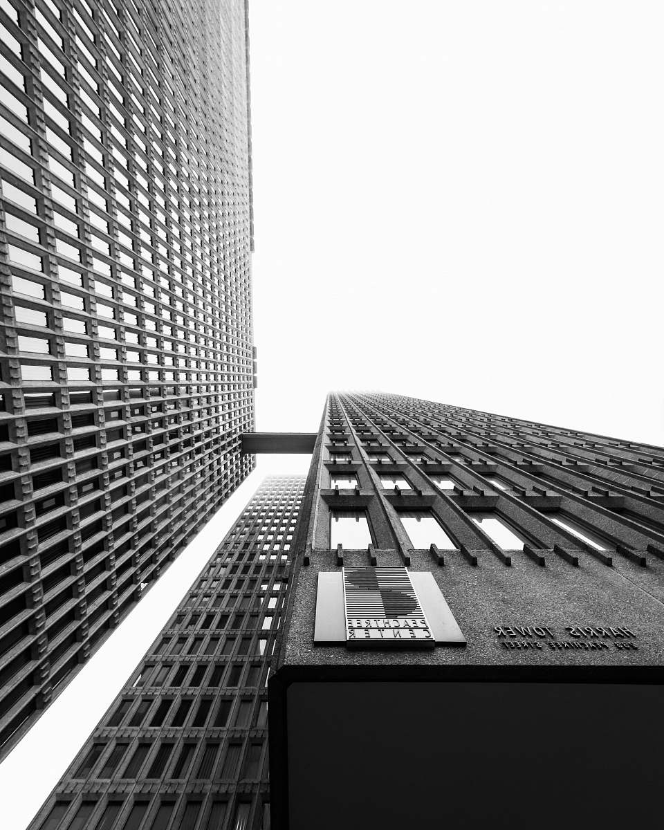 city worm's-eye view photography of buildings black-and-white