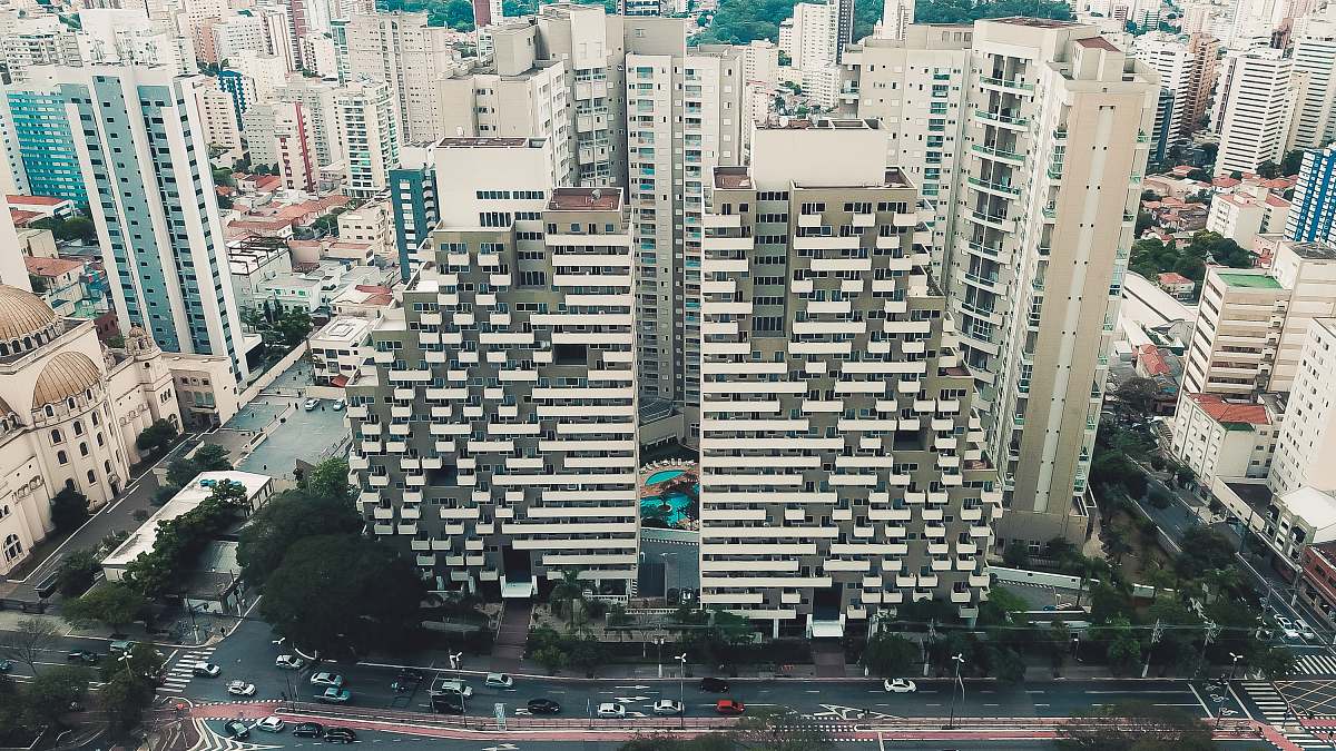 building aerial view of city buildings town